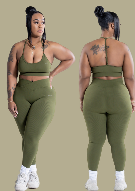 Crossover V Front | Seamless Ribbed Leggings | Green