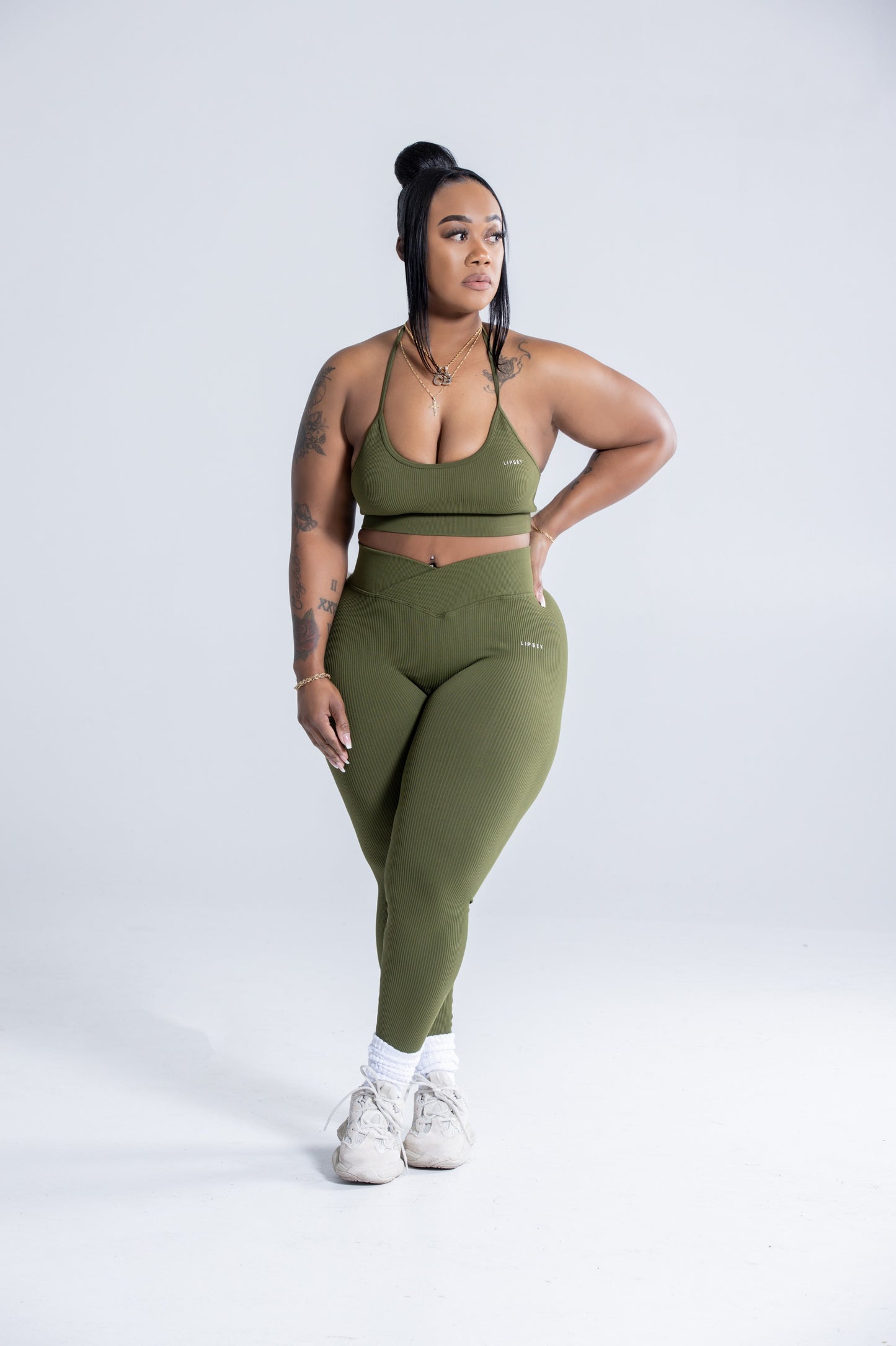 Crossover V Front | Seamless Ribbed Leggings | Green